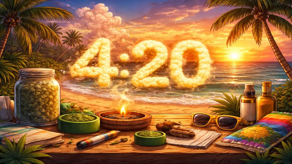 4:20 cannabis lifestyle illustration with beach at sunset, weed accessories and relaxed atmosphere