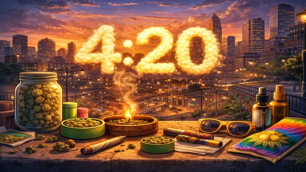 4:20 cannabis lifestyle illustration with city background at sunset and cannabis accessories