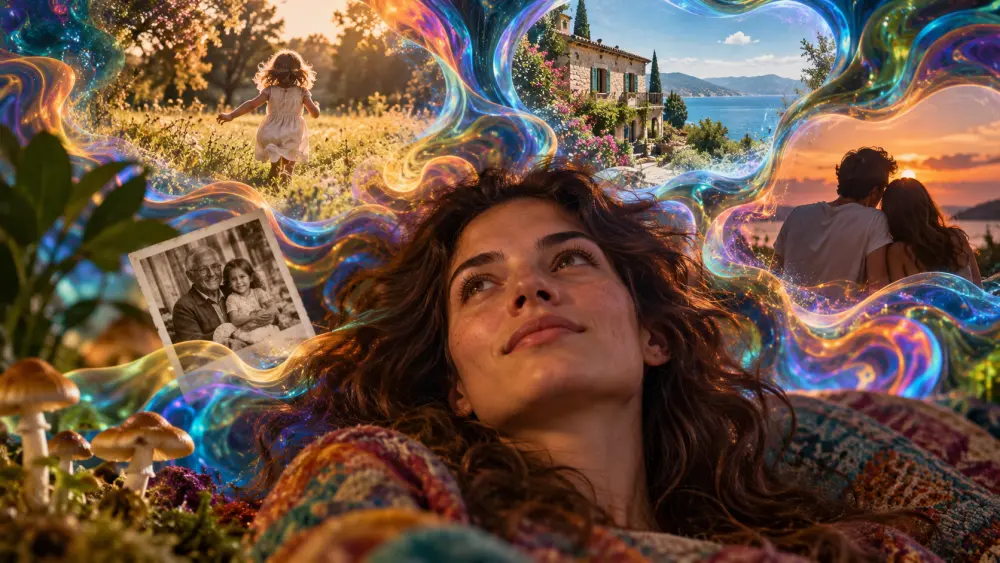 Woman during a psychedelic experience surrounded by colourful images of old memories