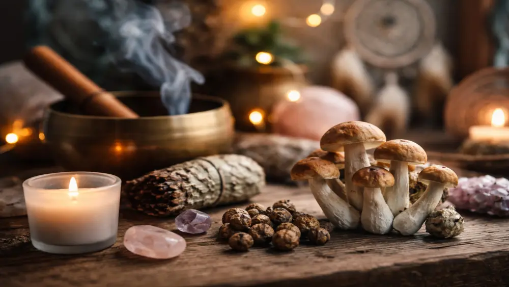 Magic truffles and mushrooms on a wooden table with candlelight, crystals, and ceremonial elements in a warm, calming setting