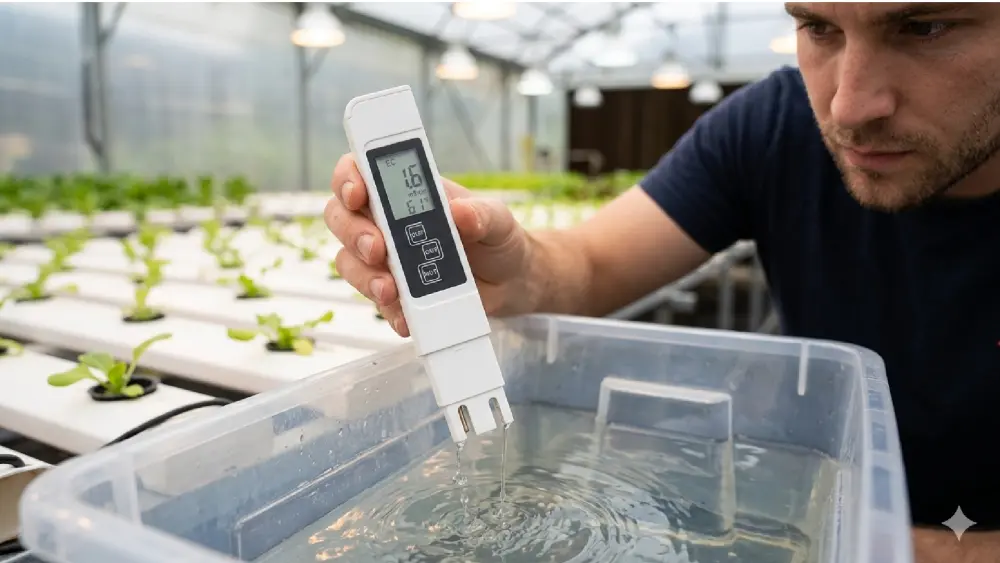 This grower tests the EC level of a nutrient solution for a hydroponic system