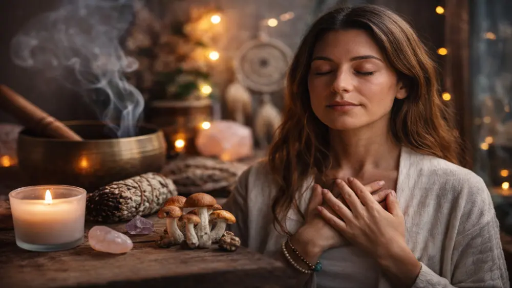 Woman in calm meditation with closed eyes and hands on her chest, surrounded by candlelight, truffles, and natural elements symbolizing self-reflection and inner peace