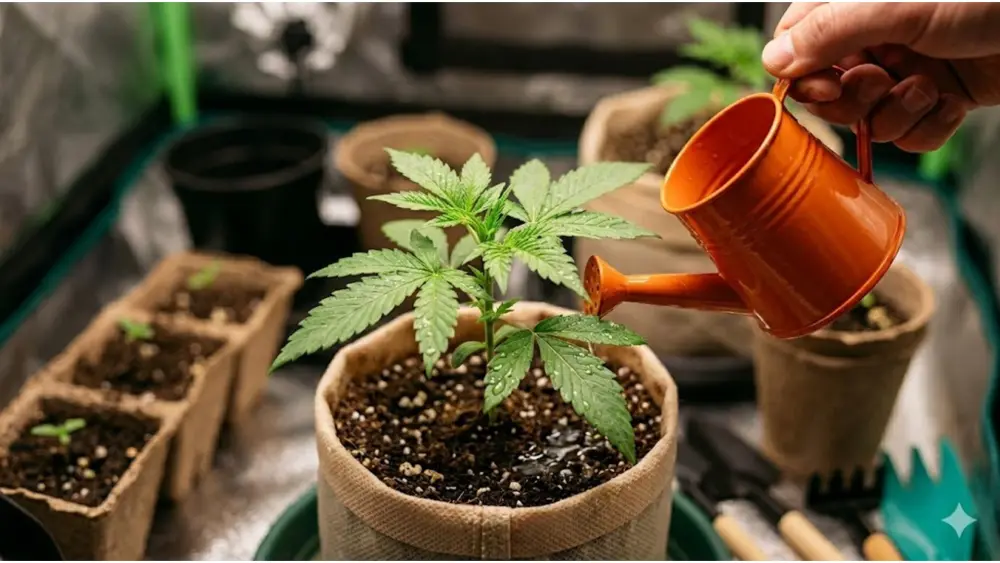 Giving water to cannabis plant with the right EC and pH level nutrition
