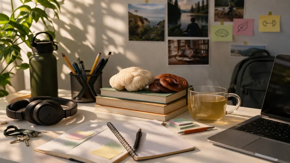 organized study environment with planner tea and natural focus support