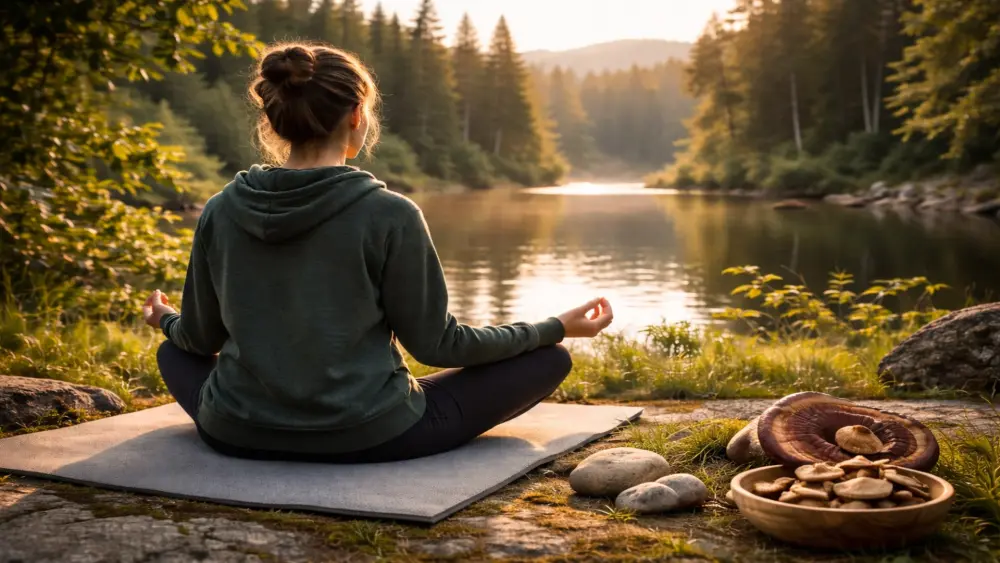 person meditating in nature by a lake as a moment of rest during study preparation