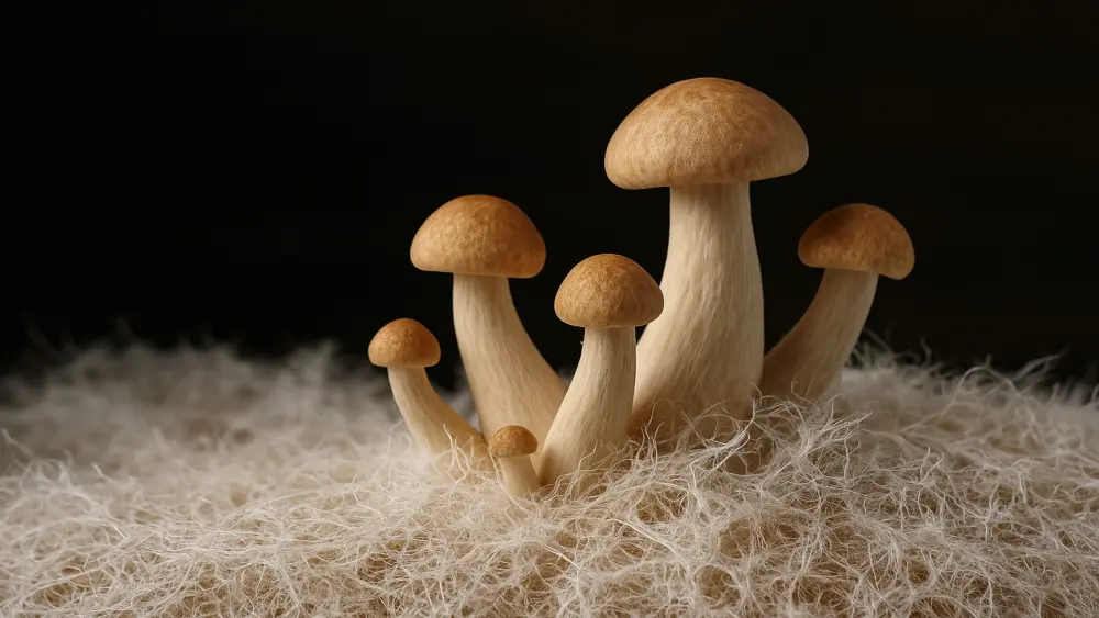Brown mushrooms growing from white mycelium in a moist forest environment