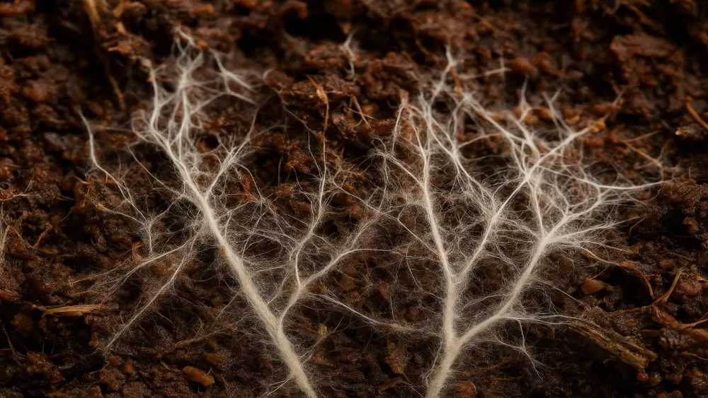Underground mushroom mycelium absorbing nutrients and forming a fungal network