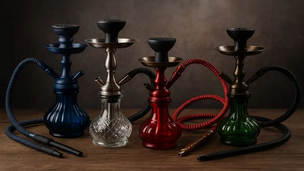 Various shishas in different colors and designs on a wooden table &ndash; blue, red, green, and glass hookahs with metal details in warm studio lighting.