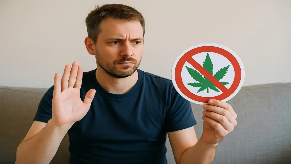 Man who wants to quit cannabis use, sitting on a couch while holding a stop sign with a crossed-out cannabis leaf.