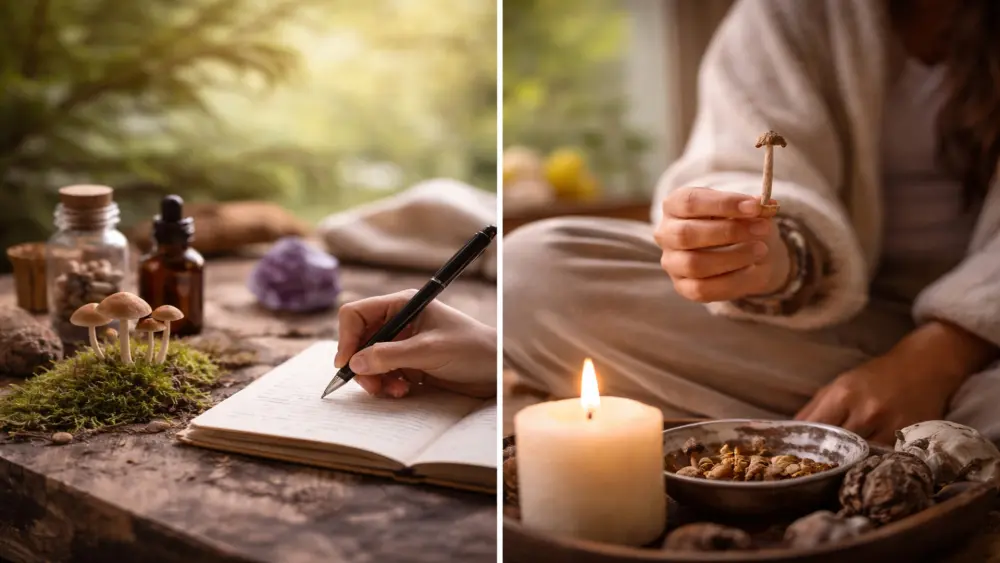 Quiet setting with microdosing and self-reflection, in which someone writes in a diary alongside psilocybin and natural elements