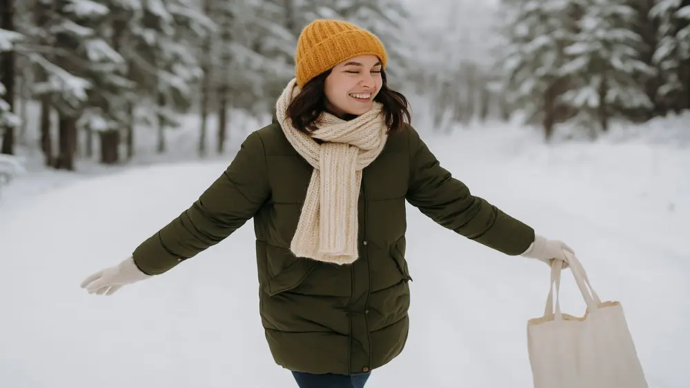 person walking in a calm winter forest with soft sunlight between the trees, natural atmosphere of peace and vitality
