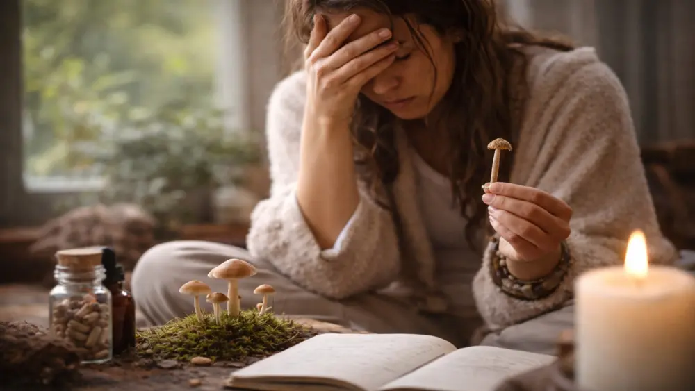 A person in a vulnerable moment of emotional reflection, with microdosing and psilocybin as a symbol of awareness.