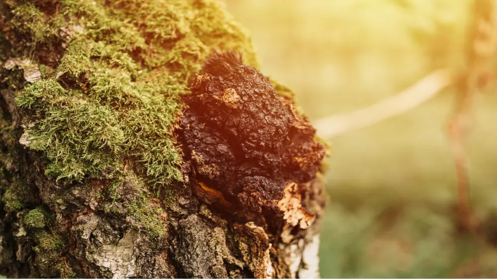 Chaga medicinal mushroom growing on a birch tree