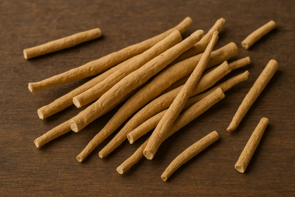 Dry ashwagandha roots scattered on a wooden surface, in warm earthy tones with clearly visible texture.