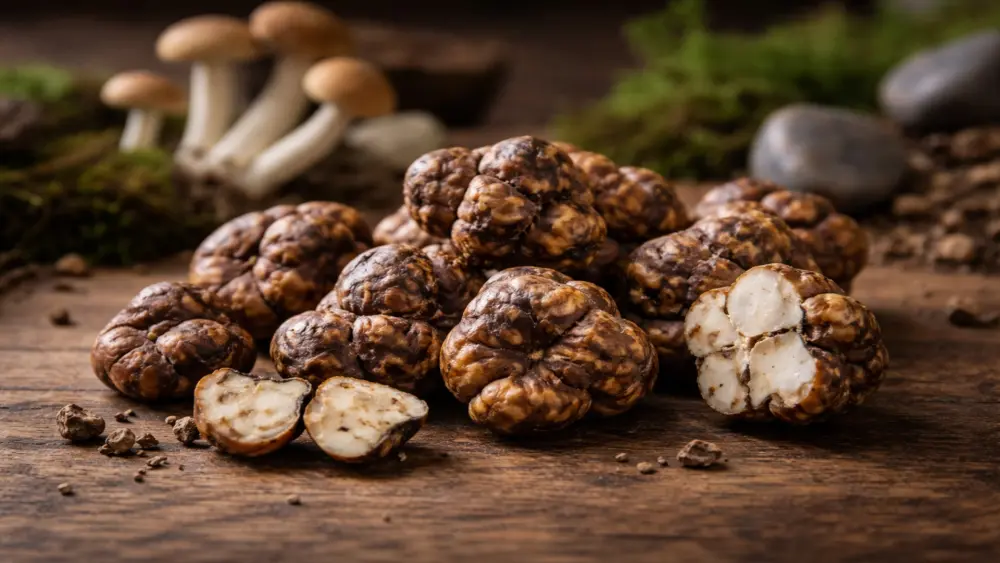 Fresh psilocybin truffles (sclerotia) on wooden table with natural background