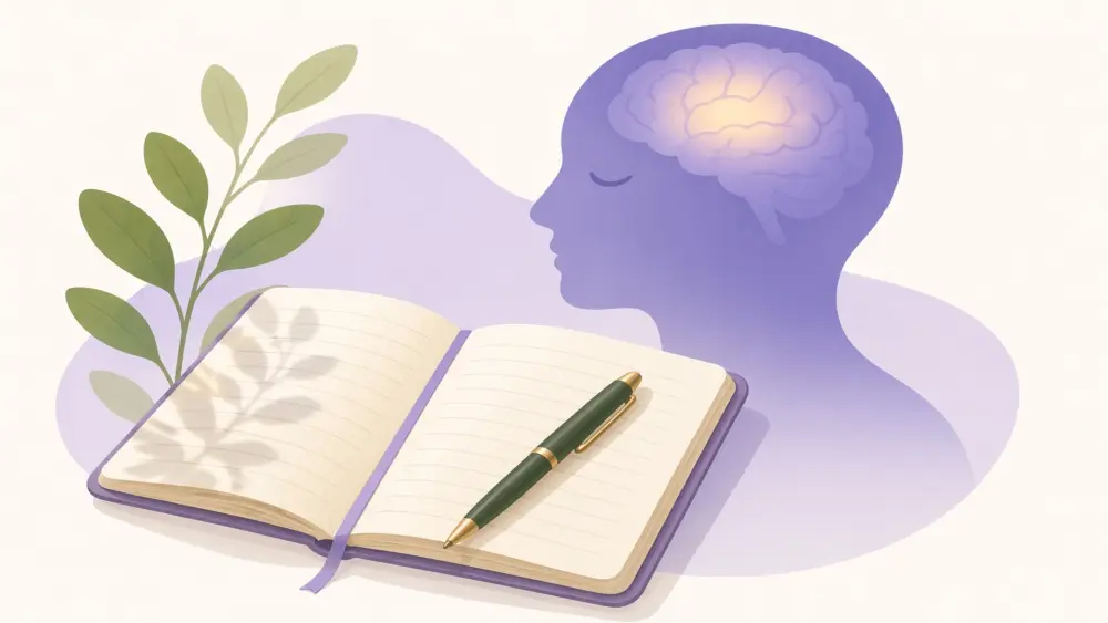 Minimalist illustration of a purple head with a brain and an open journal as a symbol of self-reflection and microdosing routine