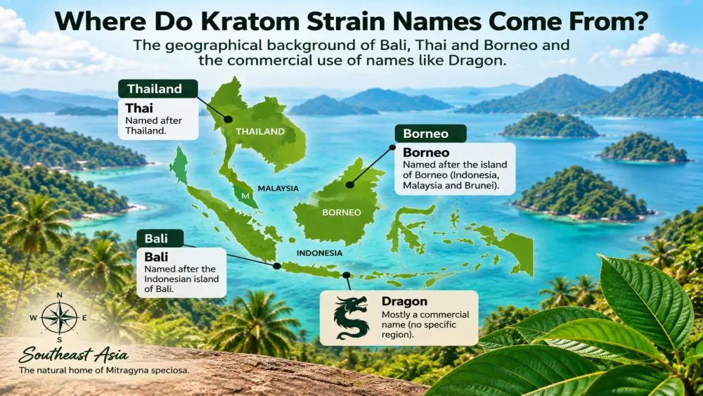 Origins of the kratom names Bali, Thai, and Borneo in Southeast Asia