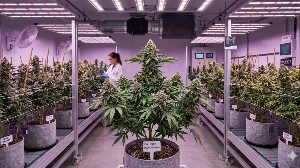 Indoor cannabis plants in the flowering stage under a consistent 12/12 light cycle