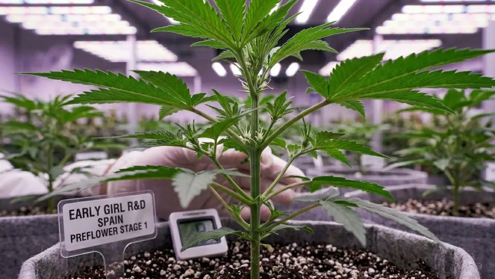 Close-up of early cannabis pre-flowers developing on an autoflowering plant