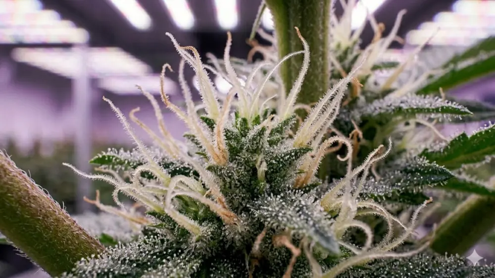 Close-up of flowering cannabis buds showing swollen bracts and resin-covered trichomes