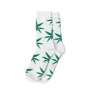 Long Socks Size (40-45) White/Green - Cannabis Leaves